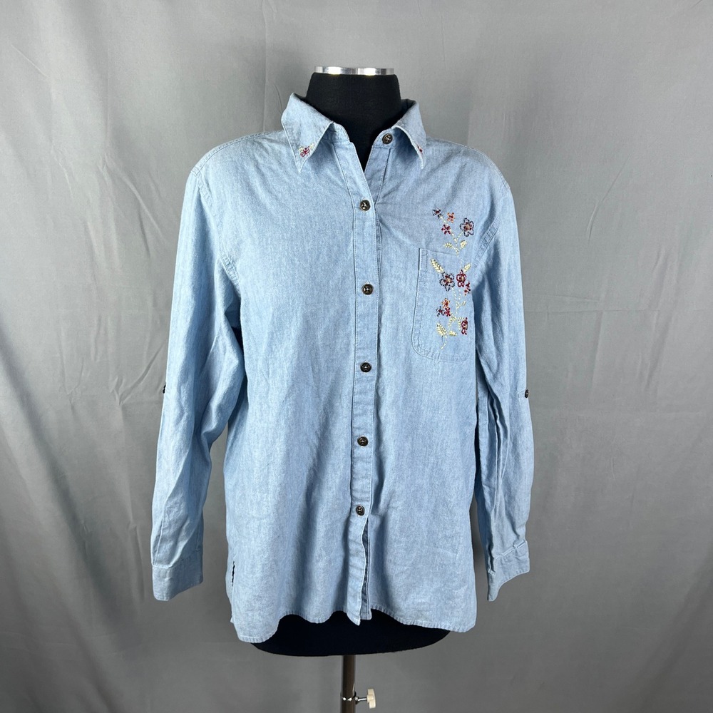 Alfred Dunner Shirt Womens 10 Blue Cotton Floral Embroidered Button Up Casual